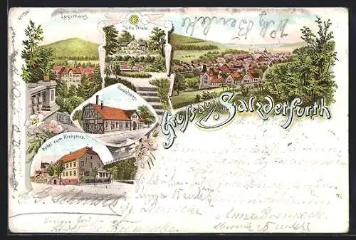 Lithographie Salzdetfurth, Hotel zum Kronprinz, Badehaus und Villa Thiele