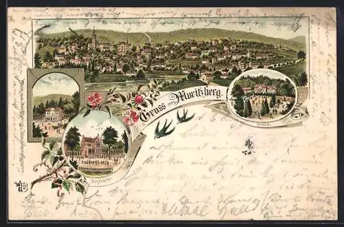 Lithographie Moritzberg / Hildesheim, Gasthöfe Waldquelle, Berghölzchen und Krehla, Gesamtansicht