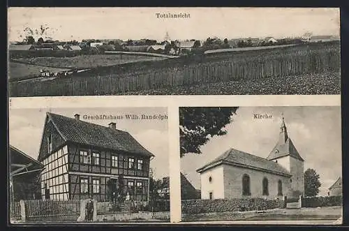 AK Ortshausen, Geschäftshaus Wilh. Randolph, Kirche, Gesamtansicht