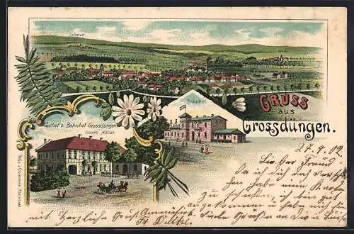 Lithographie Grossdüngen, Bahnhof, Gasthof z. Bahnhof v. Joseph Müller