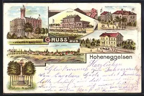 Lithographie Hoheneggelsen, Bahnhof, Frickes Gasthof, Apotheke, Post