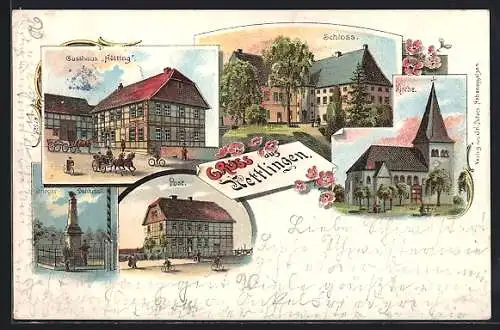 Lithographie Nettlingen, Hasthaus Hölting, Schloss, Kirche, Pferdekutsche