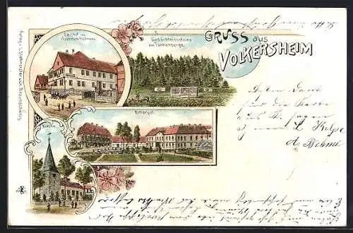 Lithographie Volkersheim, Gasthof von Heinrich Behrens, Rittergut, Gedächtnissteine am Tannenberge