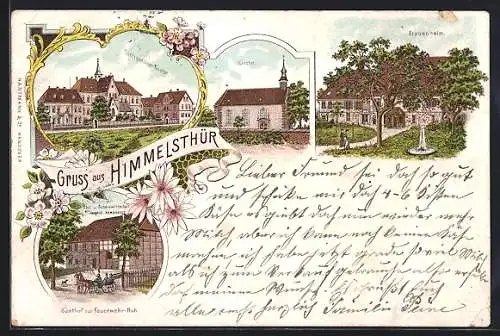 Lithographie Himmelsthür, Gasthof zur Feuerwehr-Ruh, Frauenheim, Kirche