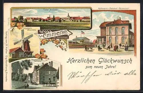 Lithographie Emmerke /Pr. Hannover, Kollmanns Bahnhof-Restaurant, Telgmanns Windmühle