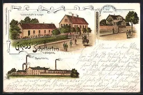 Lithographie Schellerten b. Hildesheim, Gastwirtschaft A. Krüger, Zuckerfabrik, Villa Schrader