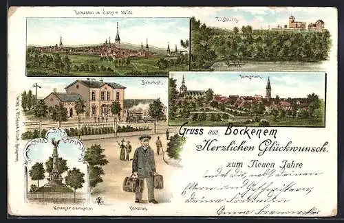 Lithographie Bockenem, Bahnhof, Kriegerdenkmal, Tilsburg