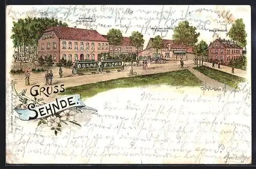 Lithographie Sehnde, Gasthaus Aug. Osterwald, Strassenbahn