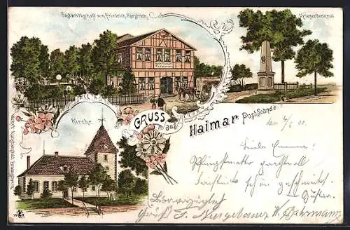 Lithographie Haimar bei Sehnde, Gasthaus von Friedrich Harstrich, Kriegerdenkmal