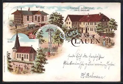 Lithographie Clauen, Bahnhof, Gasthaus zum Bahnhof, Inh. C. Engelke, Kriegerdenkmal