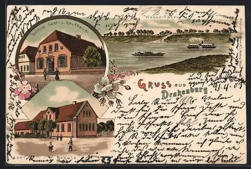 Lithographie Drakenburg, Wöltjes Gast- und Kaufhaus, Schule, Weser-Fähre