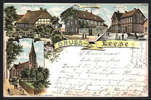 Lithographie Leese, Schlüters Biergarten, Gasthaus zur Post, Neue Schule