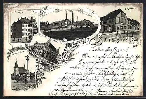 Lithographie Strasburg i. M., Zuckerfabrik, Buchdruckerei, Kriegerdenkmal