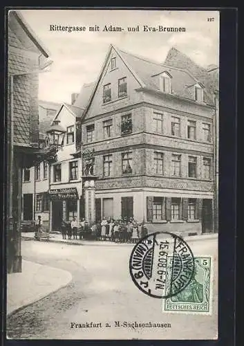 AK Frankfurt-Sachsenhausen, Rittergasse mit Adam und Eva Brunnen
