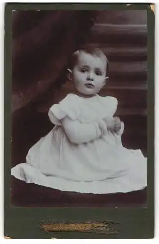 Fotografie Emil Maass, Schwarzenberg, Bahnhofstr., Niedliches kleines Kind in weissem Kleid