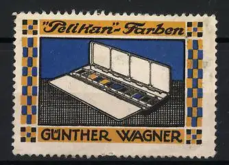 Reklamemarke Pelikan Farben, Günther Wagner, Farb- und Tuschkasten