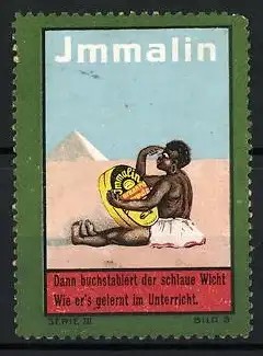 Reklamemarke Immalin Schuhputz, Afrikaner mit Dose in der Wüste