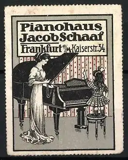 Reklamemarke Frankfurt / Main, Pianohaus Jacob Schaaf, Kaiserstr. 34, kleines Mädchen spielt an einem Piano