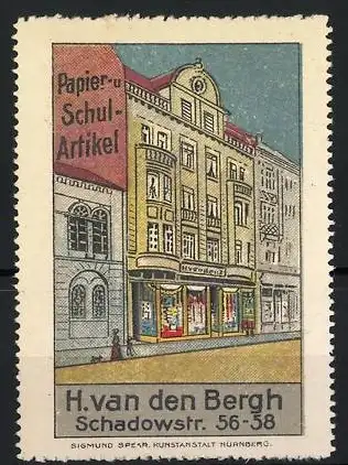 Reklamemarke Papier- und Schulartikel H. van den Bergh, Schadowstr. 56-58, Geschäftsansicht