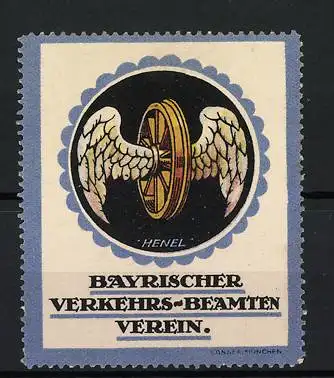 Künstler-Reklamemarke Henel, Bayerischer Verkehrs-Beamten Verein, Rad mit Flügel