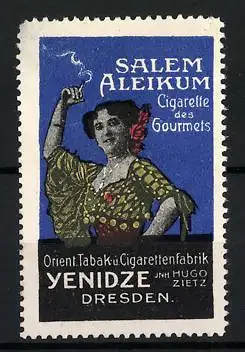 Reklamemarke Salem Aleikum, Cigarette des Gourmets, Orient. Tabak- u. Cigarettenfabrik Yenidze, Dresden, Frau in Tracht