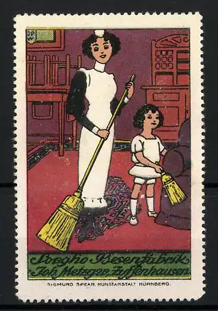 Reklamemarke Sorgho Besenfabrik Joh. Metzger, Zuffenhausen, Hausfrau und Mädchen beim Putzen