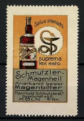 Reklamemarke Schmutzler-Magenheil, anerkannt bester Magenbitter, Reinhold Schmutzler & Co., Köln, Flasche & Firmenlogo