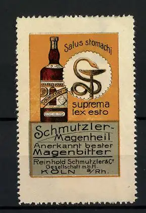 Reklamemarke Schmutzler-Magenheil, anerkannt bester Magenbitter, Reinhold Schmutzler & Co., Köln, Flasche & Firmenlogo