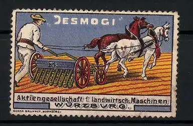 Reklamemarke JESMOGI landwirtschaftl. Maschinen AG, Würzburg, Bauer mit Pferdepflug