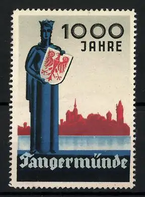 Reklamemarke Tangermünde, 100 jähr. Jubiläum, Göttin mit Wappen & Stadtsilhouette