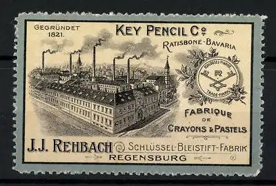 Reklamemarke Regensburg, Schlüssel-Bleistift-Fabrik J. J. Rehbach, Fabrikansicht, Key Pencil & Co.