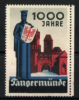 Reklamemarke Tangermünde, 100 jähr. Jubiläum, Göttin mit Wappen & Stadtsilhouette