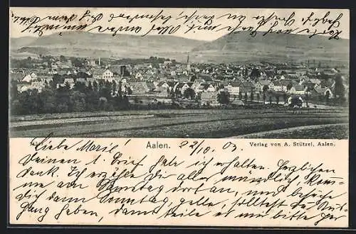 AK Aalen, Gesamtansicht mit Feldern, Berg-Panorama