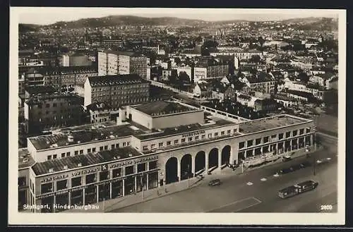 AK Stuttgart, Hindenburgbau mit Gasthaus Münchner Löwenbräu und Strassenbahn