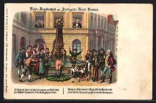 Künstler-Lithographie Stuttgart, Stuttgarter Markt-Brunnen, Magd verliert ihr Kleid beim Wasserholen