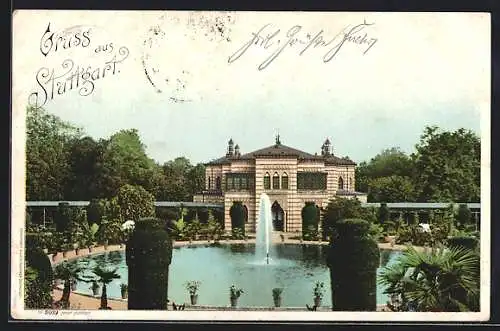 AK Stuttgart, Teich mit Fontäne und Gebäude im Park