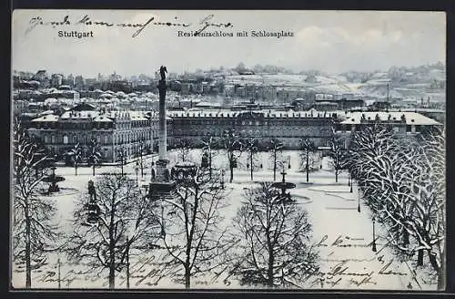 AK Stuttgart, Residenzschloss mit Schlossplatz im Winter