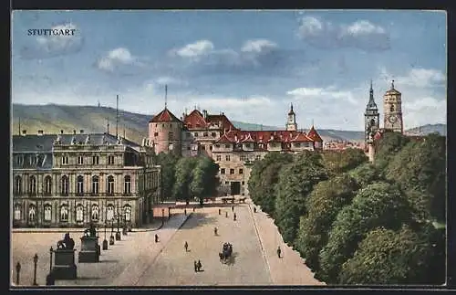 AK Stuttgart, Altes Schloss mit Strasse und Statuen aus der Vogelschau