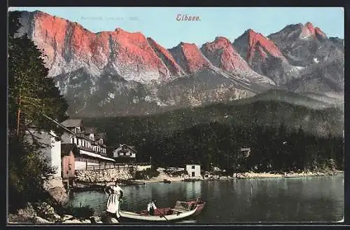 AK Eibsee, Boot am Seeufer mit Bergpanorama