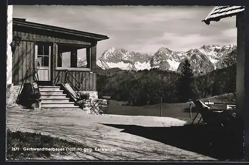 AK Garmisch, Berggasthaus Geschwandtnerbauer gegen Karwendel