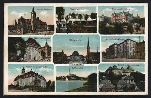 AK Chemnitz, Handelskammer, Hauptbahnhof, Gewerbe-Akademie, Schloss Augustusburg, Schlossteich, Rathaus