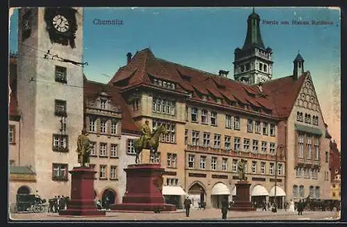 AK Chemnitz, Neues Rathaus mit Denkmälern