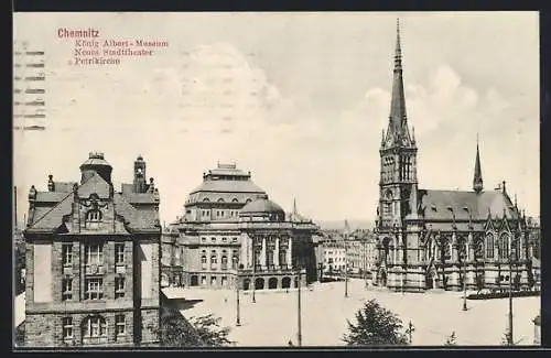 AK Chemnitz, König Albert-Museum, Neues Stadttheater, Petrikirche