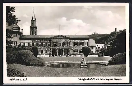 AK Weinheim a. d. B., Schlosspark-Cafe mit Blick auf die Burgen