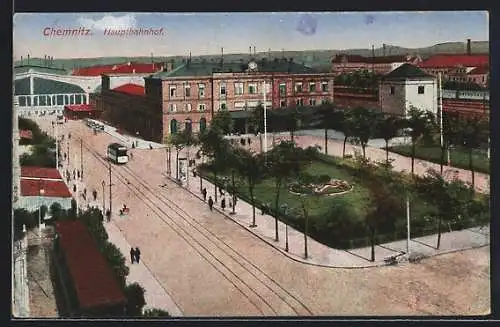 AK Chemnitz, Hauptbahnhof mit Strassenbahn