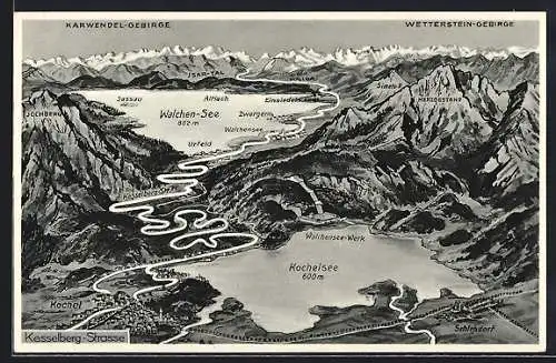 AK Kochel, Kesselberg-Strasse mit Karwendel-Gebirge und Wetterstein-Gebirge