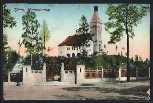 AK Zittau, Krematorium im Abendlicht