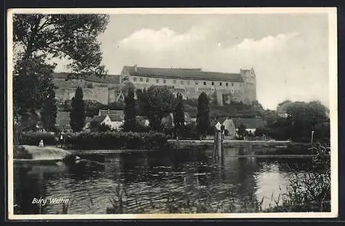AK Wettin, Blick vom Wasser auf die Burg