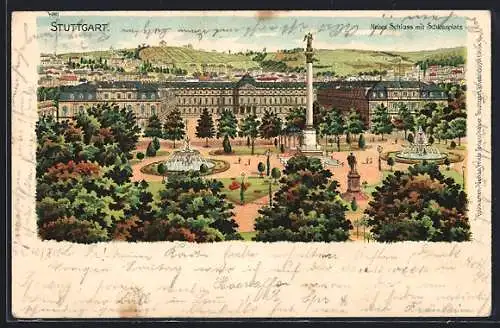 Lithographie Stuttgart, Neues Schloss mit Schlossplatz