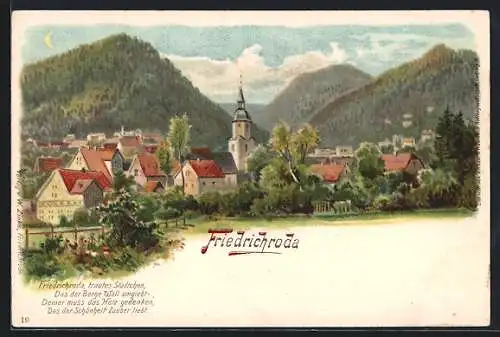 Lithographie Friedrichroda, Gesamtansicht des Ortes mit Kirche